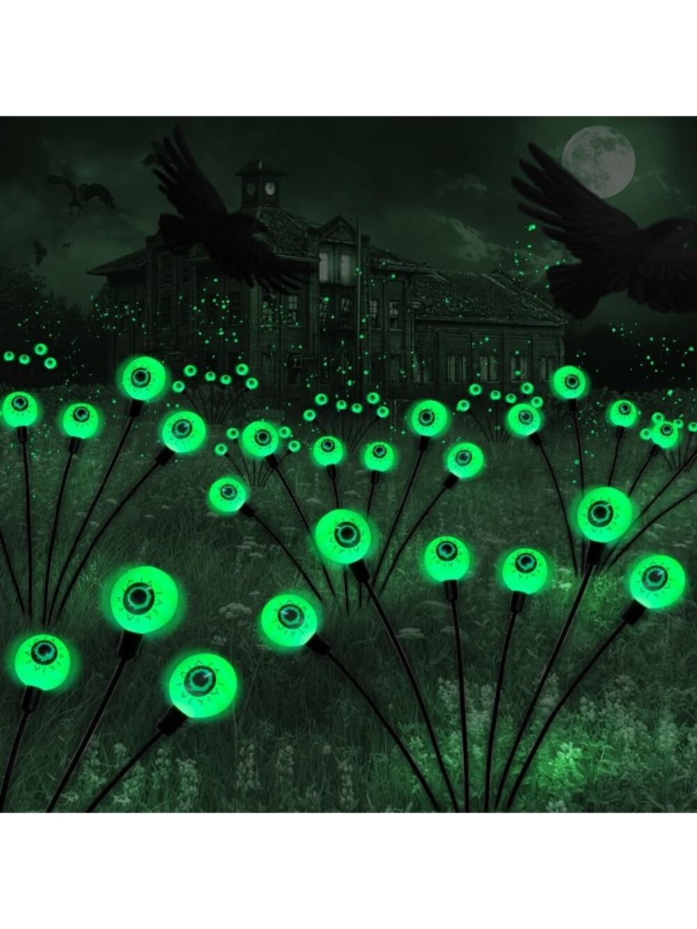 Solar Halloween Eyeball Lights - 12 LED Green Swaying Firefly Decor, 2-Pack